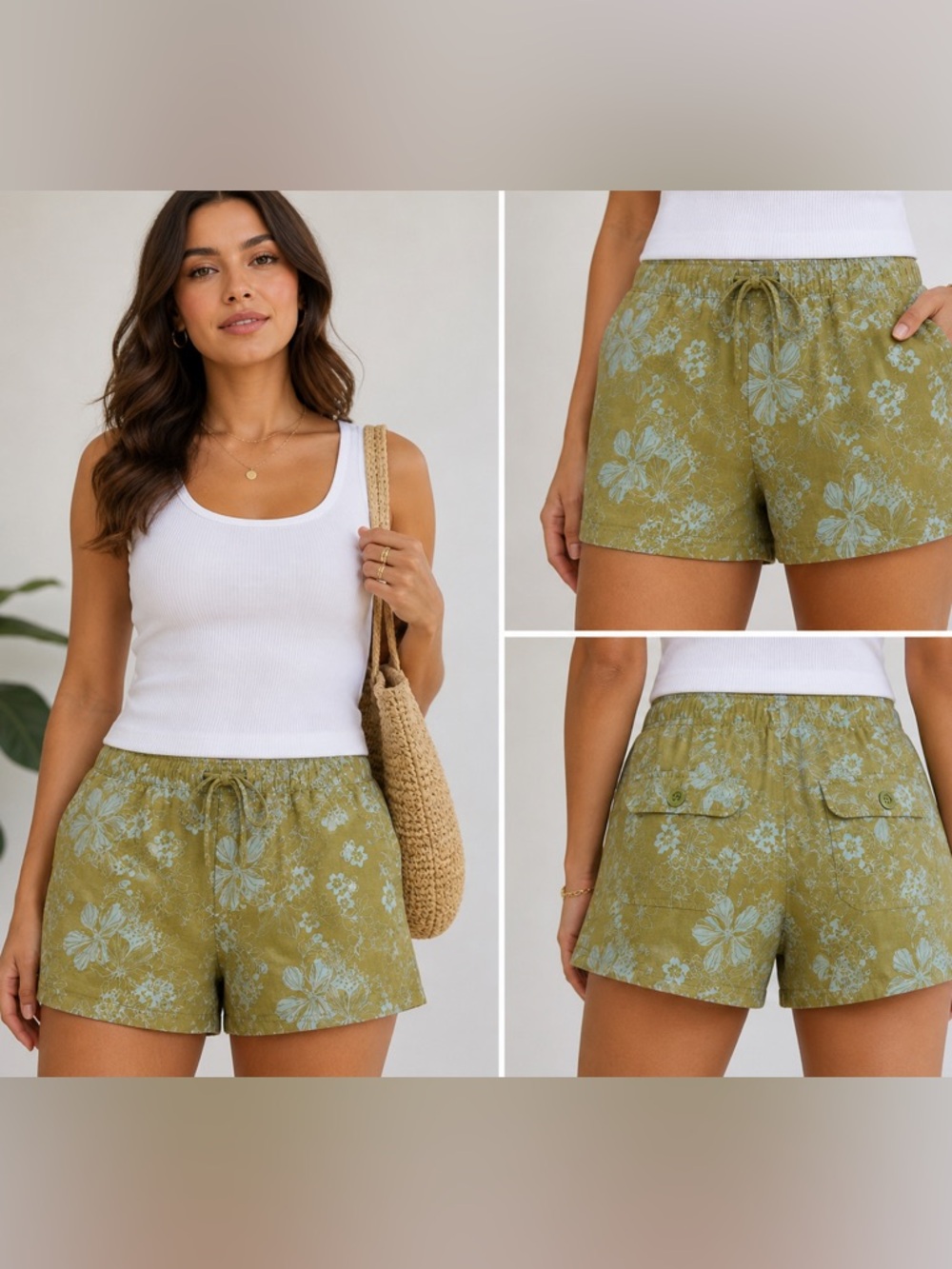 Gap Linen Blend Floral Shorts Women’s Medium Green Elastic Waist Summer Boho